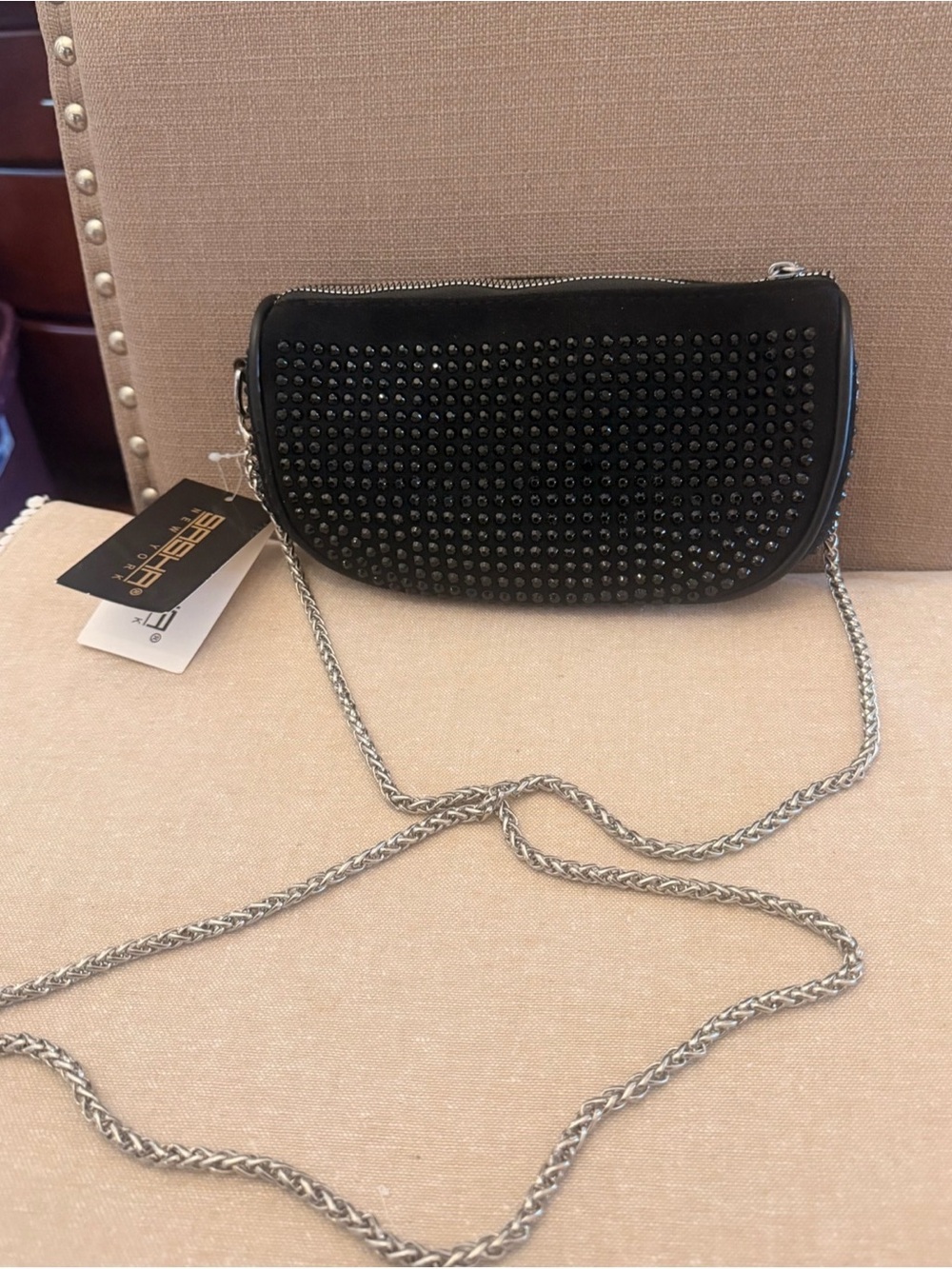 Black Studded Crossbody Bag with Silver Chain Strap